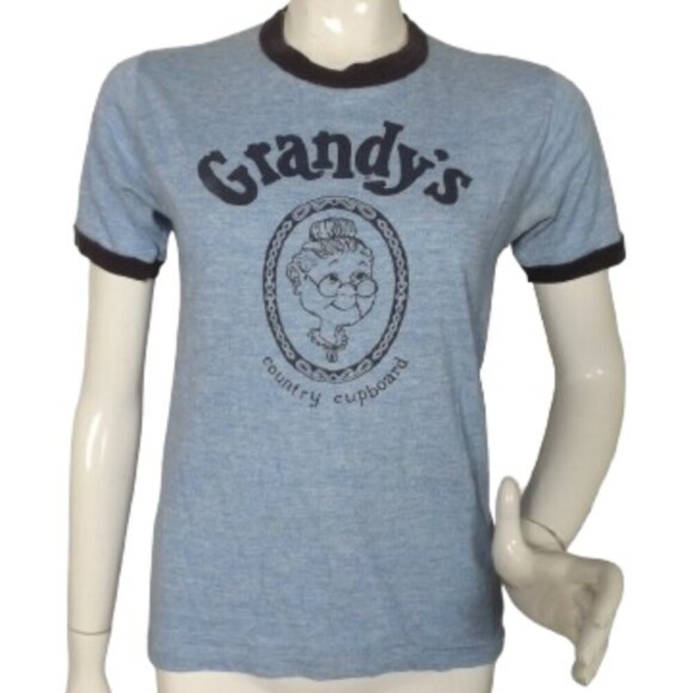 GRANDY'S Country Cupboard Ringer Tshirt, M, Heather blue, Single stitch, VINTAGE